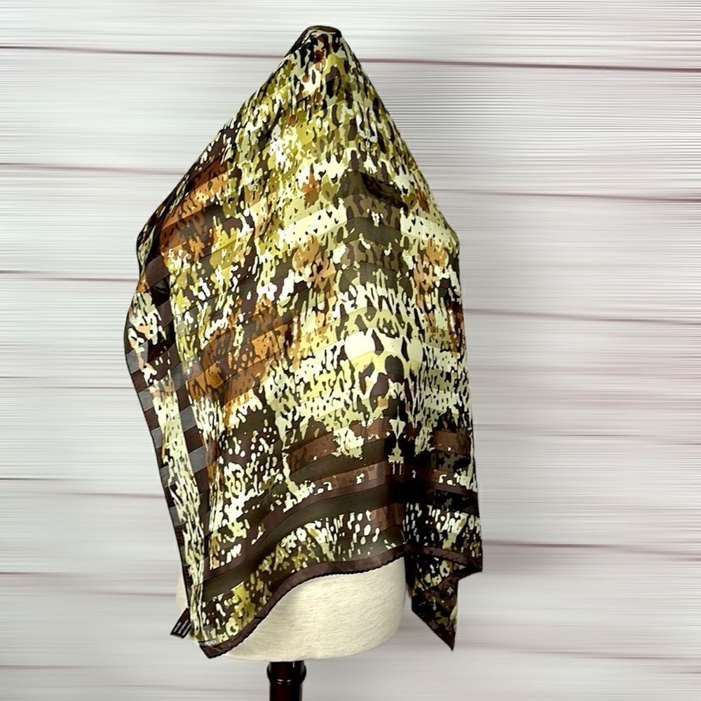 Adrienne Vittadini Silk Scarf Brown Green Ivory Satin Chiffon Square 34×34"